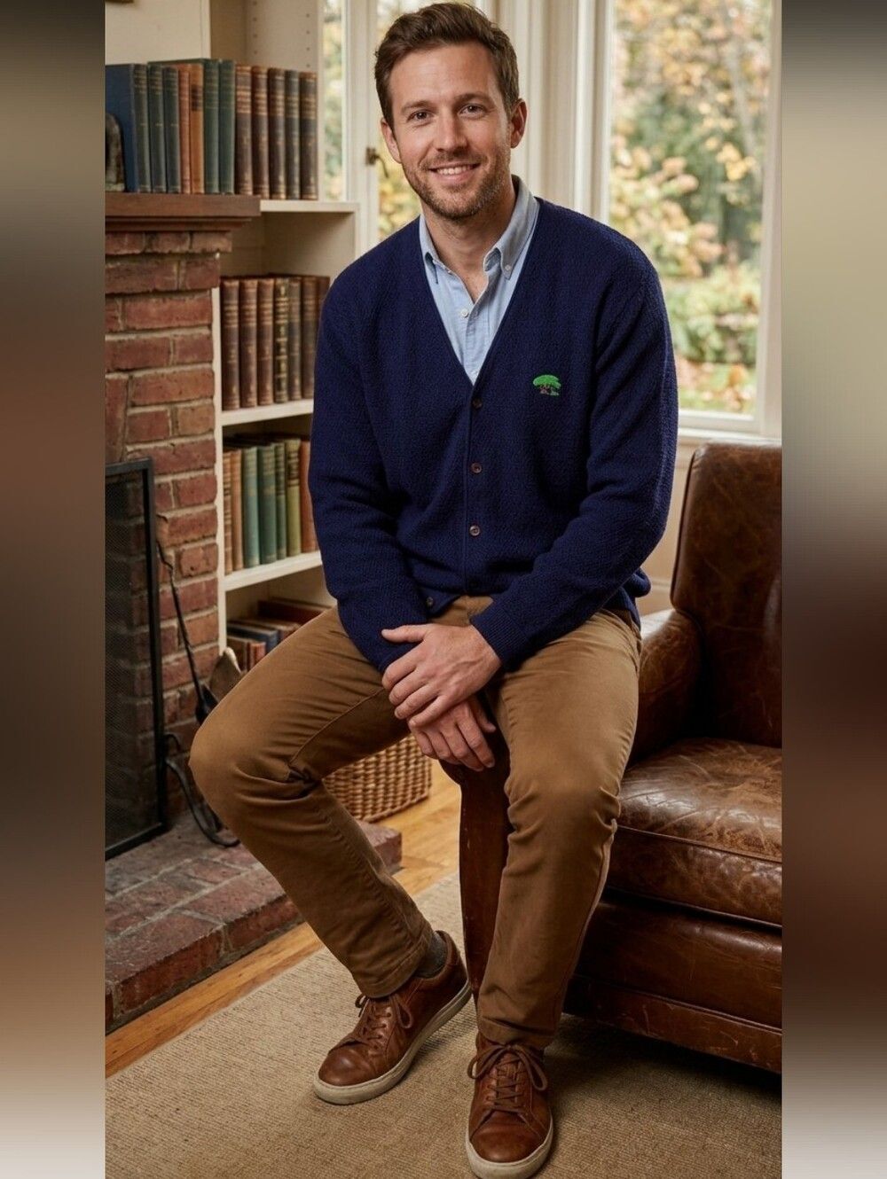 {Lilly Daché} 1960 Vintage Men's Navy Cardigan Sweater Green Embroidery - XL